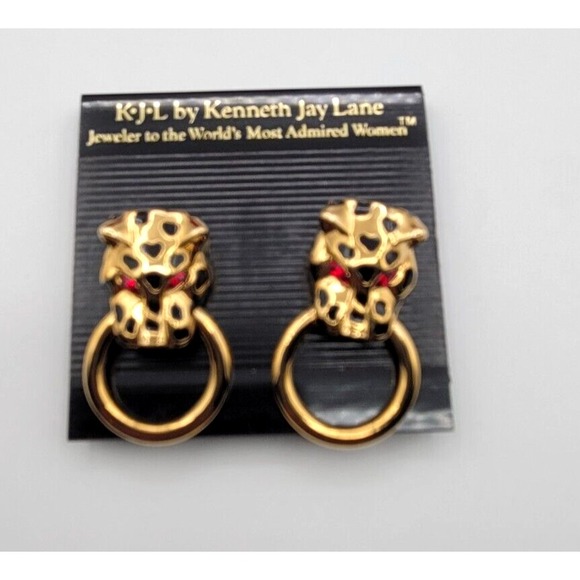 KENNETH JAY LANE GOLD TONE RED RHINESTONE LEOPARD DOOR‎ KNOCKER CLIP ON EARRINGS